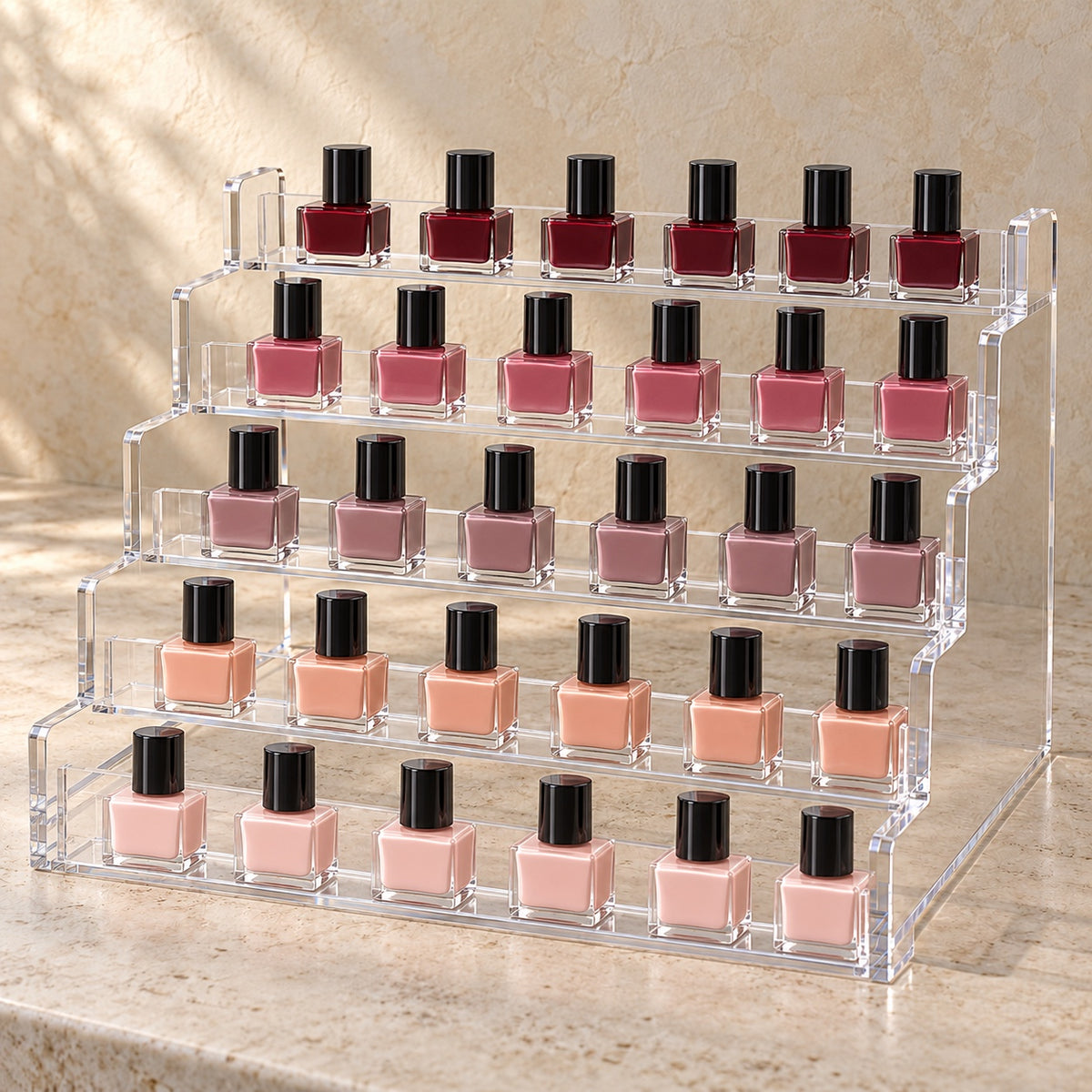 Five-Tier Nail Polish Display Rack in clear acrylic, in use