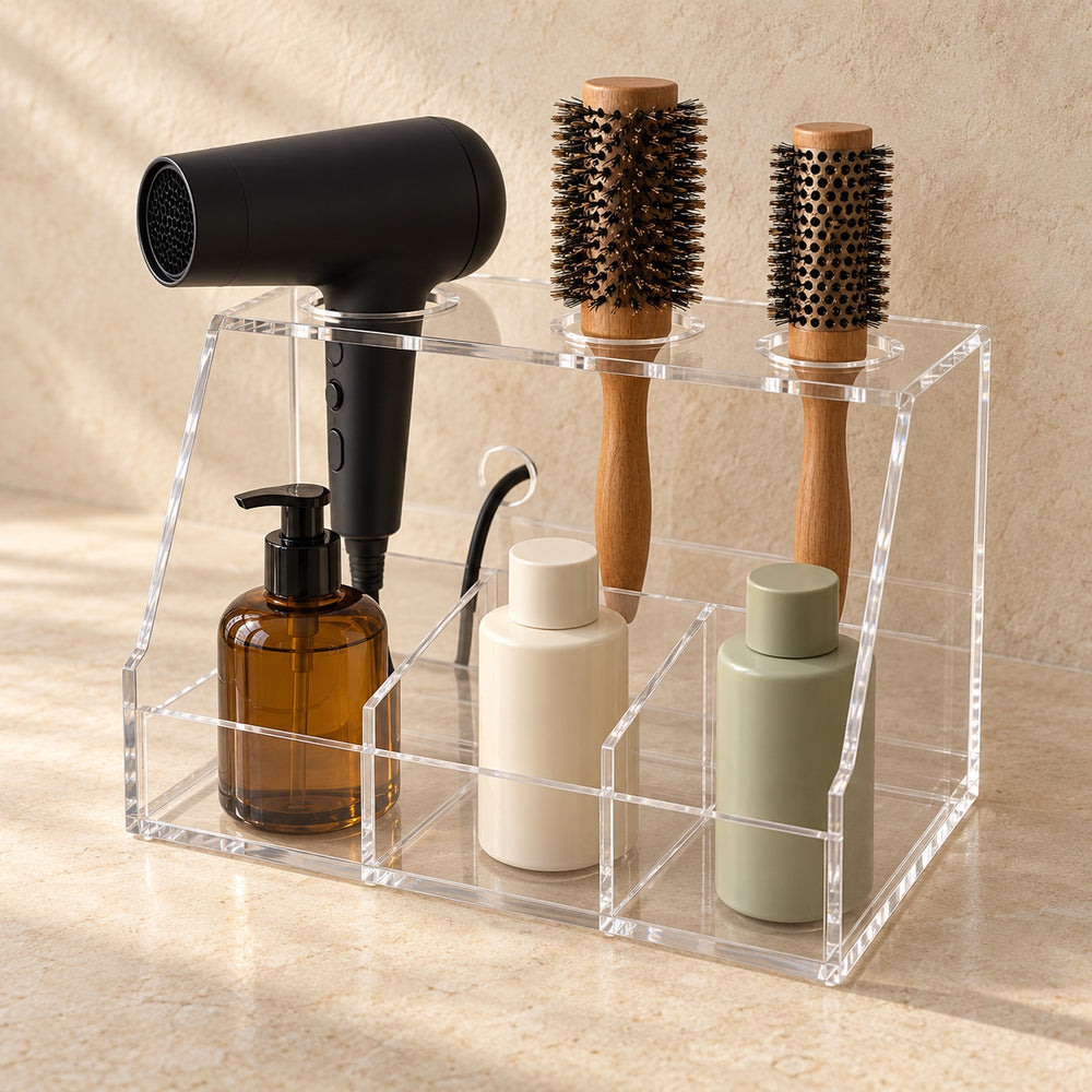 Stylist Workstation Organiser in clear acrylic, in use