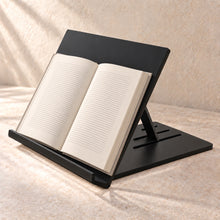 Adjustable Book and Tablet Reading Stand in black acrylic, in use