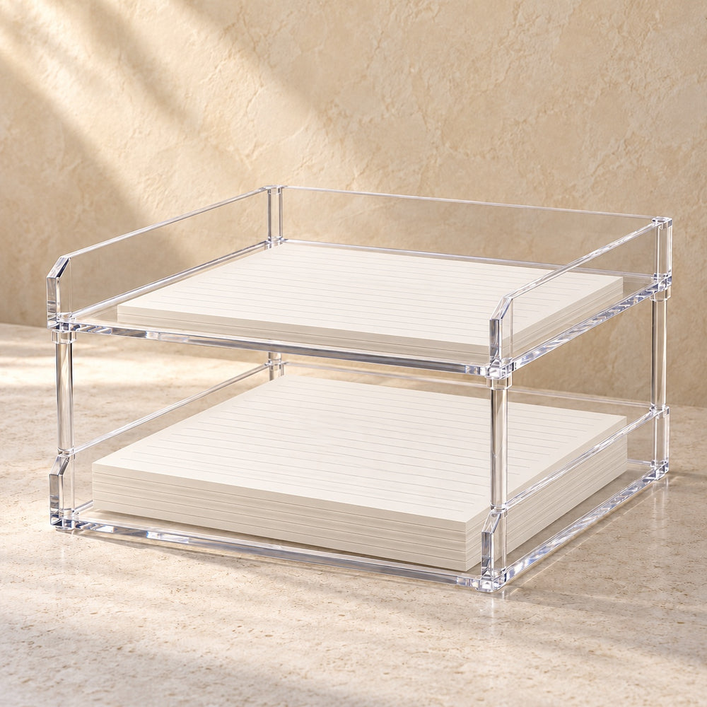 Stacking Paper Trays, Set of Two in clear acrylic, in use