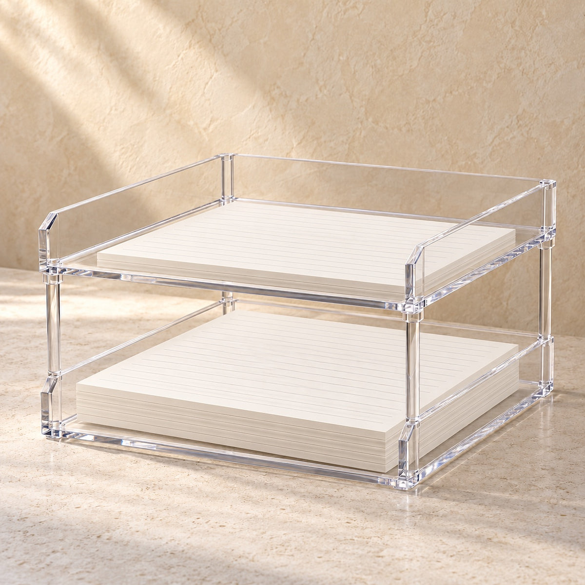 Stacking Paper Trays, Set of Two in clear acrylic, in use