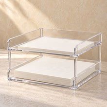 Stacking Paper Trays, Set of Two in clear acrylic, in use