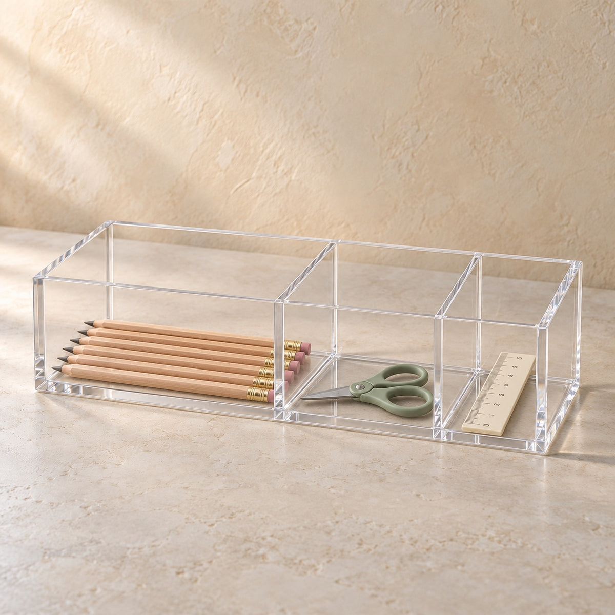 Student Desk Caddy, Three Compartments in clear acrylic, in use