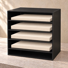 Five-Compartment Document Sorter in black acrylic, in use