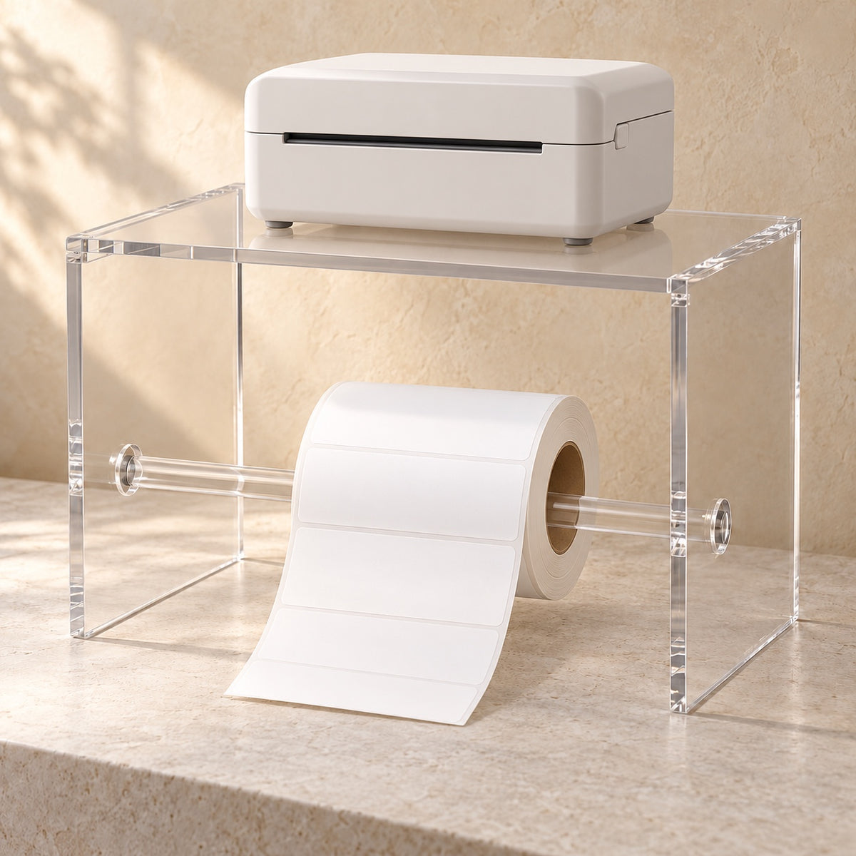 Packing Station Organiser with Label Roll Holder in clear acrylic, in use