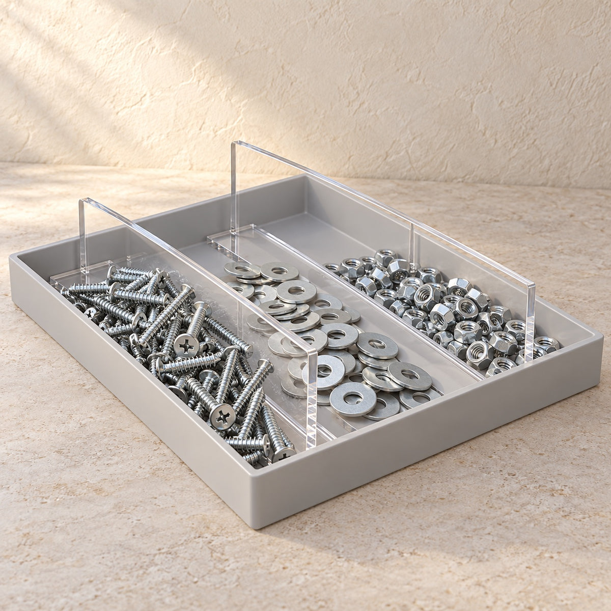 Small Parts Bin Dividers, Pair in clear acrylic, in use