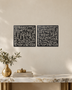 Set of two square Kufic acrylic panels, Surah Al-Falaq and Surah An-Nas, in gloss piano black, float-mounted side by side on a pale wall.