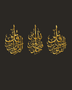 Three-panel Qul set in mirror gold acrylic, vertical Arabic calligraphy catching warm light above a console table.