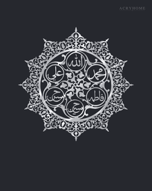 Panjtan Pak round acrylic medallion in mirror silver, float-mounted on a cool graphite wall