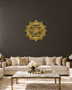Panjtan Pak round acrylic medallion in mirror gold, float-mounted on a dark espresso wall