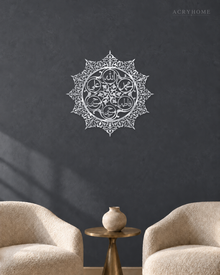 Panjtan Pak round acrylic medallion in mirror silver, float-mounted on a cool graphite wall