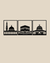 Set of three gloss black acrylic wall panels showing the silhouettes of Al-Masjid al-Haram, Al-Masjid an-Nabawi and Al-Aqsa, hung in a row on a pale wall.
