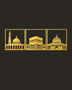 Three mirror gold acrylic panels of the holy mosques of Makkah, Madinah and Jerusalem, float-mounted side by side above a marble console.