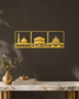 Three mirror gold acrylic panels of the holy mosques of Makkah, Madinah and Jerusalem, float-mounted side by side above a marble console.