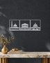 Three mirror silver chrome acrylic panels showing the three holy mosques in architectural silhouette, arranged as a set on a light neutral wall.