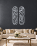 Pair of tall Arabic calligraphy acrylic panels in mirror Silver, float-mounted side by side on a cool graphite wall.