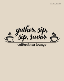 Coffee & Tea Lounge Wall Sign with Cups in gloss piano black acrylic, float-mounted on a pale ivory wall.