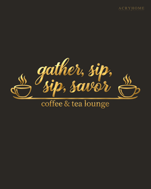 Coffee & Tea Lounge Wall Sign with Cups in mirror gold acrylic, float-mounted on a deep charcoal wall.
