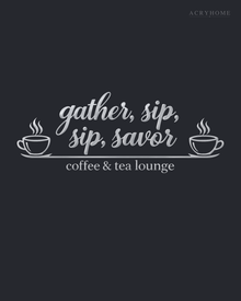 Coffee & Tea Lounge Wall Sign with Cups in mirror silver acrylic, float-mounted on a deep graphite wall.
