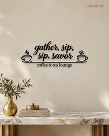 Coffee & Tea Lounge Wall Sign with Cups in gloss piano black acrylic, float-mounted on a pale ivory wall.
