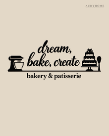 Bakery & Patisserie Wall Sign with Mixer and Cake in gloss piano black acrylic, float-mounted on a pale ivory wall.