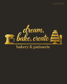 Bakery & Patisserie Wall Sign with Mixer and Cake in mirror gold acrylic, float-mounted on a deep charcoal wall.