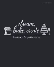 Bakery & Patisserie Wall Sign with Mixer and Cake in mirror silver acrylic, float-mounted on a deep graphite wall.