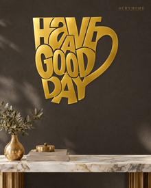 Have a Good Day Mug Silhouette Wall Art in mirror gold acrylic, float-mounted on a deep charcoal wall.