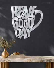 Have a Good Day Mug Silhouette Wall Art in mirror silver acrylic, float-mounted on a deep graphite wall.