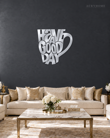 Have a Good Day Mug Silhouette Wall Art in mirror silver acrylic, float-mounted on a deep graphite wall.