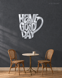 Have a Good Day Mug Silhouette Wall Art in mirror silver acrylic, float-mounted on a deep graphite wall.