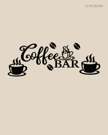 Coffee Bar Wall Sign with Cups and Beans for Kitchens in gloss piano black acrylic, float-mounted on a pale ivory wall.