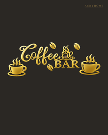 Coffee Bar Wall Sign with Cups and Beans for Kitchens in mirror gold acrylic, float-mounted on a deep charcoal wall.