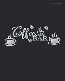 Coffee Bar Wall Sign with Cups and Beans for Kitchens in mirror silver acrylic, float-mounted on a deep graphite wall.