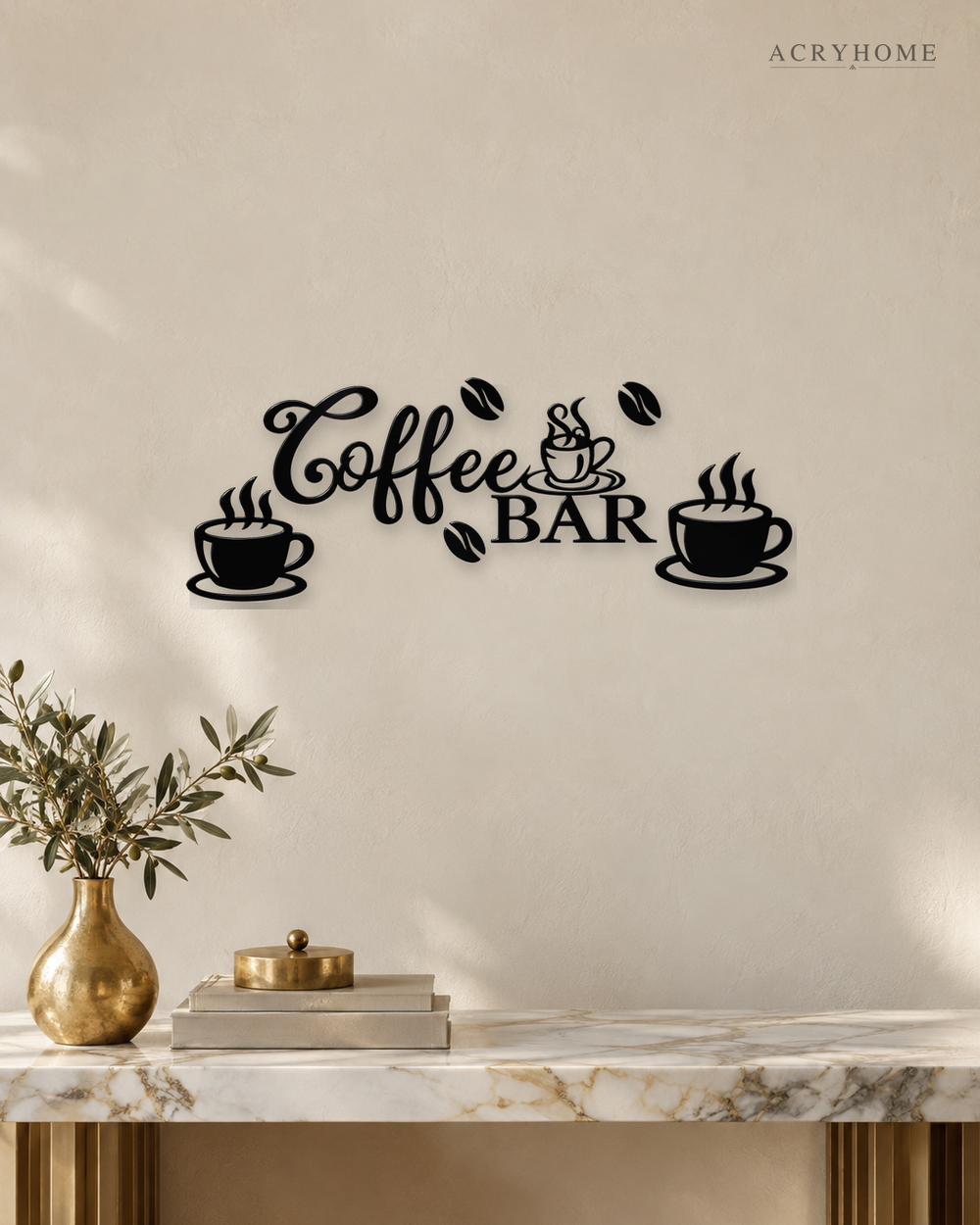 Coffee Bar Wall Sign with Cups and Beans for Kitchens in gloss piano black acrylic, float-mounted on a pale ivory wall.