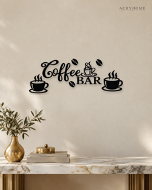 Coffee Bar Wall Sign with Cups and Beans for Kitchens in gloss piano black acrylic, float-mounted on a pale ivory wall.