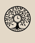 Tree of Life wall clock in gloss piano black acrylic, laser-cut leaf and branch work inside a circle, with the clock hands set into the centre of the trunk.