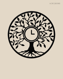 Tree of Life wall clock in gloss piano black acrylic, laser-cut leaf and branch work inside a circle, with the clock hands set into the centre of the trunk.