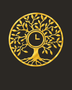 Tree of Life wall clock in mirror gold acrylic, fine laser-cut branches and leaves catching the light, clock face set into the centre of the trunk.