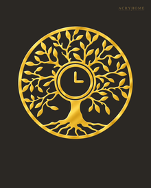 Tree of Life wall clock in mirror gold acrylic, fine laser-cut branches and leaves catching the light, clock face set into the centre of the trunk.