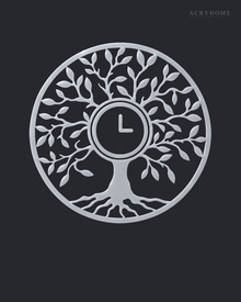 Tree of Life wall clock in mirror silver acrylic, circular leaf and branch cut work with the clock hands at the centre of the trunk.