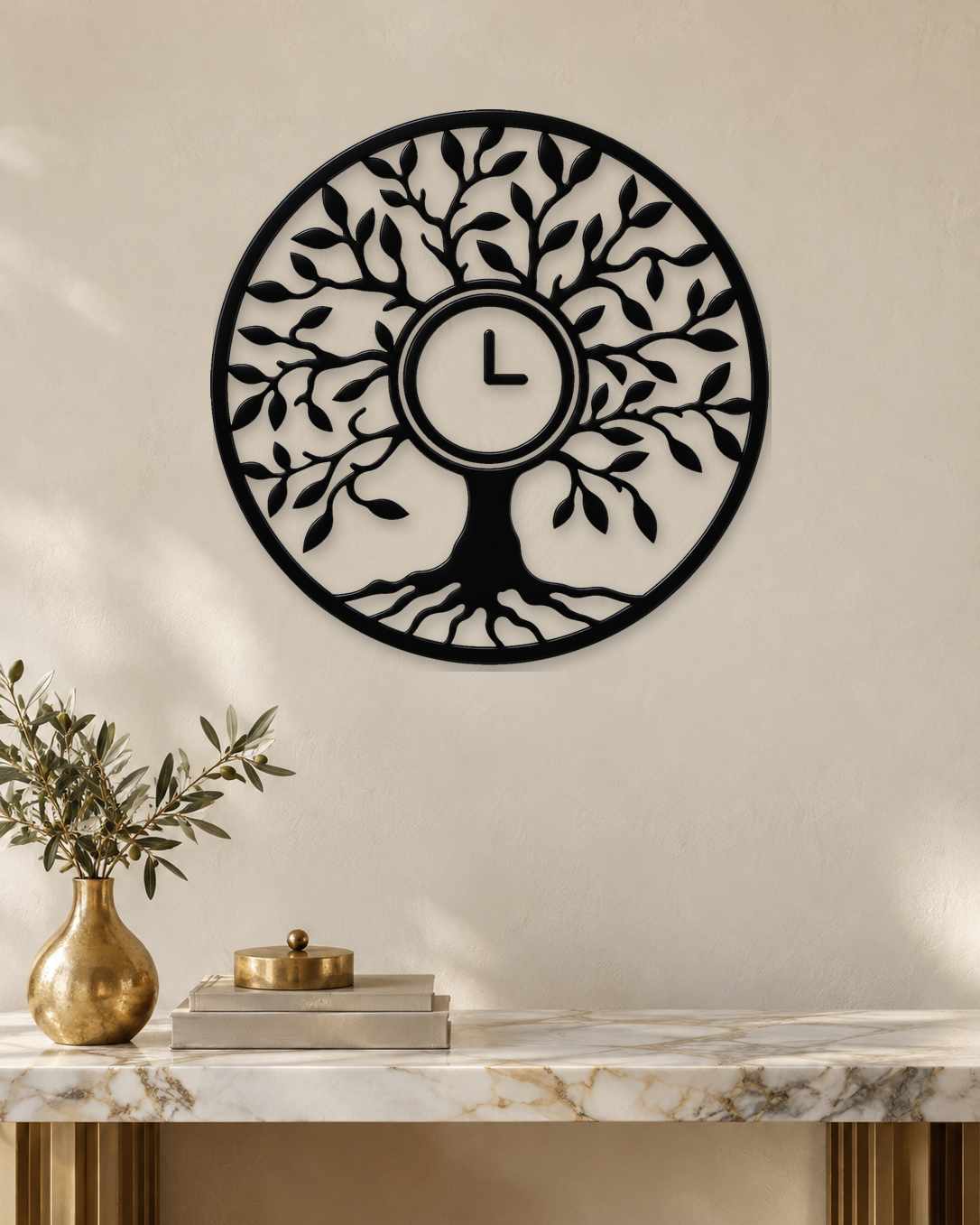Tree of Life wall clock in gloss piano black acrylic, laser-cut leaf and branch work inside a circle, with the clock hands set into the centre of the trunk.