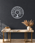 Tree of Life wall clock in mirror chrome silver acrylic, circular leaf and branch cut work with the clock hands at the centre of the trunk.