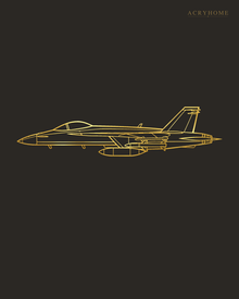 Fighter Jet Outline Wall Art for Pilots and Aviation Fans in mirror gold acrylic, float-mounted on a deep charcoal wall.
