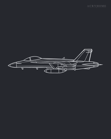 Fighter Jet Outline Wall Art for Pilots and Aviation Fans in mirror silver acrylic, float-mounted on a deep graphite wall.