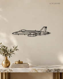 Fighter Jet Outline Wall Art for Pilots and Aviation Fans in gloss piano black acrylic, float-mounted on a pale ivory wall.