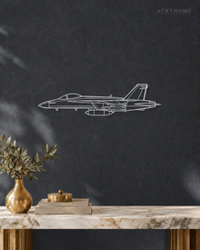 Fighter Jet Outline Wall Art for Pilots and Aviation Fans in mirror silver acrylic, float-mounted on a deep graphite wall.