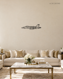 Fighter Jet Outline Wall Art for Pilots and Aviation Fans in gloss piano black acrylic, float-mounted on a pale ivory wall.