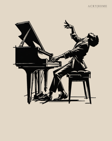 Pianist at the Grand Piano Wall Art for Music Rooms in gloss piano black acrylic, float-mounted on a pale ivory wall.