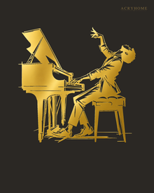Pianist at the Grand Piano Wall Art for Music Rooms in mirror gold acrylic, float-mounted on a deep charcoal wall.